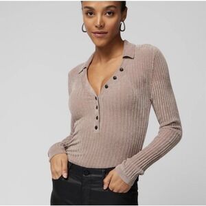 Women's WHBM Ribbed Knit Henley Sweater Top L Taupe Collared